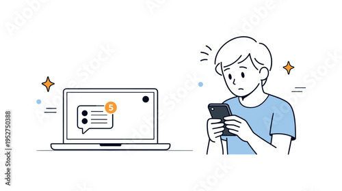 Fear of appearing offline. A person glancing at a phone while a laptop shows unread messages and a dimmed status dot. Anticipation and quiet worry conveyed