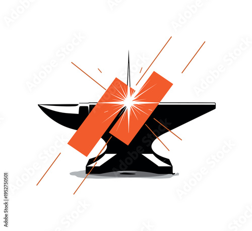 Black and white iron anvil centered in composition, intersected by bold orange abstract blocks and thin diagonal lines suggesting impact, sharp flash of light