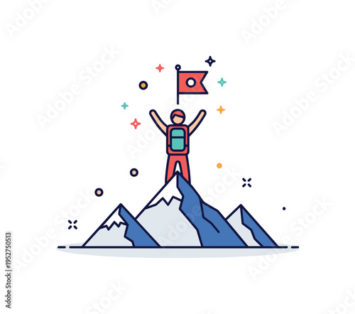 Summit victory moment hiker raising arms on a pointed mountain peak with tiny sparkle accents around the flag, symbolizing success, perseverance, and