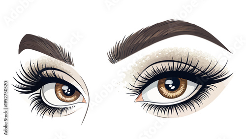 Vector illustration of elegant female eyes with long eyelashes and brown iris on white background