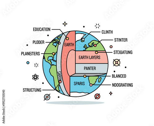 Diagram of Earth layers with labeled sections and simplified textures, emphasizing education, science, and planetary structure understanding. Minimalist flat