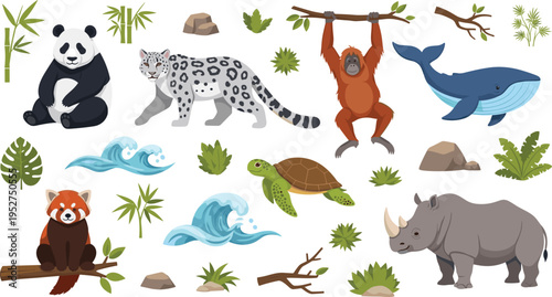 Collection of Cute Wild Animals Including Panda Leopard Orangutan Whale Turtle Rhino and Red Panda with Tropical Nature Elements Vector Illustration.