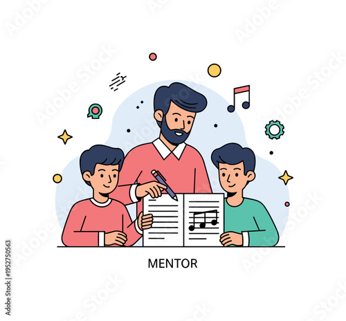 A music teacher guiding a student during a rehearsal with sheet music, highlighting mentorship, skill-building, and collaborative learning. Minimalist flat