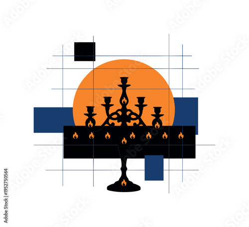 Black and white classical metal candelabra simplified into strong silhouette, bright orange semicircle rising behind like ambient light, intersecting thin grid