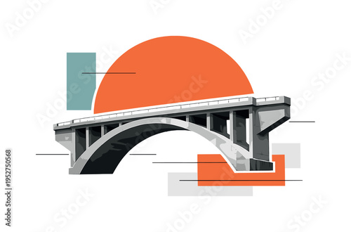 minimalist concrete arch bridge segment, large geometric semicircle echoing the arch, thin structural lines and abstract blocks layered around the object,