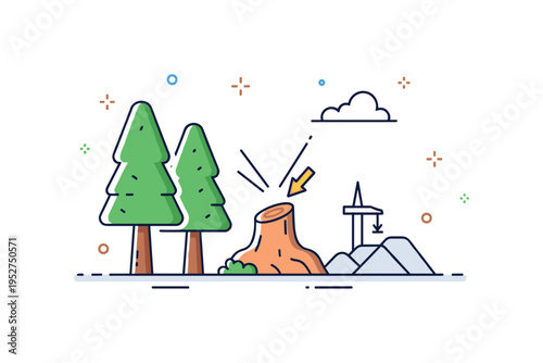 Forest clearing for development represented by two simplified trees with one being cut and a small construction outline in the background, expressing land