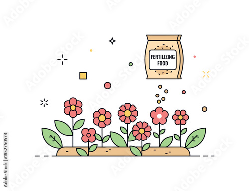 Fertilizing garden flowers concept depicted with a small bag labeled plant food and gentle granules falling around blooming plants, expressing nourishment and