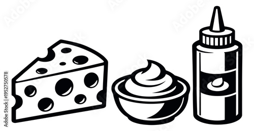 Line art food set featuring a wedge of cheese, a creamy dip, and a sauce bottle for culinary designs