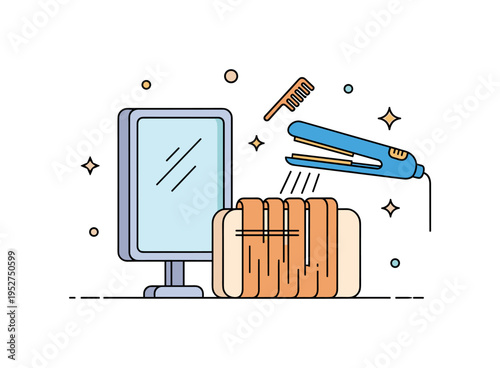 Professional hair straightening session centered on a mirror reflection and neatly aligned hair strands. A tiny comb icon and subtle sparkle accents