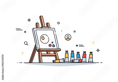 Home art hobby scene featuring a simple desk easel with a half finished canvas and scattered paint tubes arranged neatly, symbolizing relaxation and personal