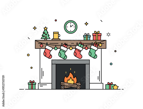 A fireplace scene with children's stockings hanging along the mantle, glowing with firelight and small gifts, emphasizing festive home celebration