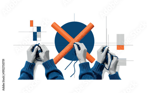 black and white top view of hands forming repetitive knit pattern, deep blue geometric circle anchoring layout and orange cylindrical shapes crossing