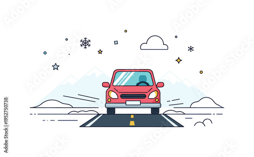 Winter road trip compact car driving along a snow lined road with subtle mountain backdrop, expressing adventure, freedom and scenic seasonal travel.