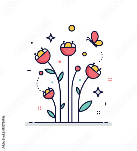 Summer wildflower bloom featuring tall slender stems with rounded petals and a small butterfly icon hovering nearby, expressing liveliness and warm countryside