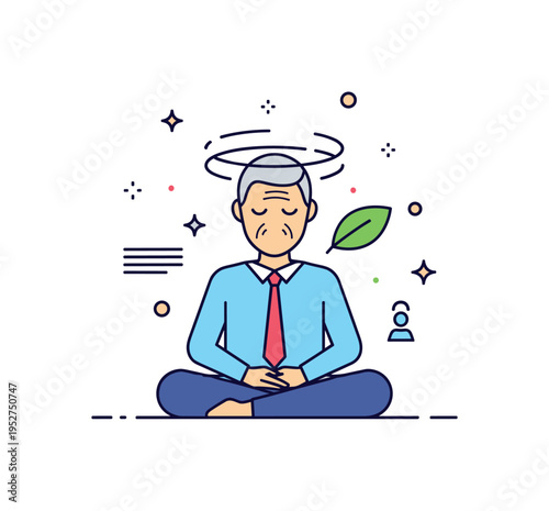 Mental wellbeing at work for older professionals showing a calm seated figure with subtle mindfulness lines around the head and a small leaf accent,