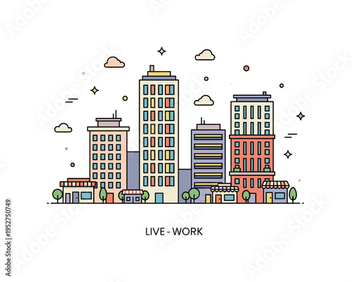 Mixed use urban development scene featuring apartment towers with small ground floor shop icons. Balanced spacing and a subtle ?Live Work? caption communicate