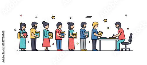 Literary fan queue simplified line of readers holding books while waiting at a signing table, expressing anticipation and community engagement at a book event.