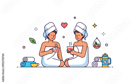 Relaxation lounge moment couple sitting together wrapped in towels sipping herbal tea, subtle heart and leaf accents indicating comfort and balance. A cozy