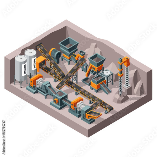Isometric Illustration of a Mining and Processing Plant.