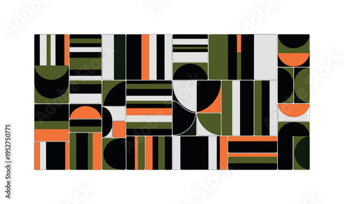 A monochrome patchwork farmland seen from above, fields shaped as bold geometric rectangles and semicircles in flat contrasting tones, thin linear paths