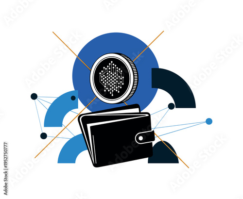 Black and white stylized coin with abstract blockchain pattern floating above an open wallet, bright electric blue circle aligned perfectly behind the coin,