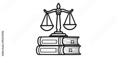 Black and white illustration of scales of justice on top of books
