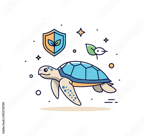 Ocean conservation awareness sea turtle swimming near a small shield and leaf icon, symbolizing protection of marine species. A thoughtful editorial icon about