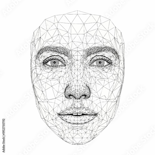 Wireframe mesh of a human face representing biometric data.
