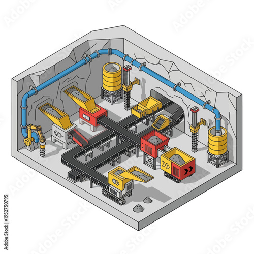 Isometric Mining Operation Illustration - Conveyor Belts, Crushers, and Processing Equipment.