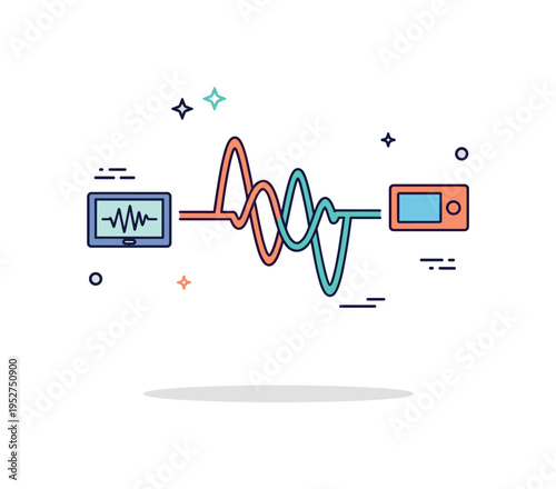 Invisible electromagnetic waves abstract wave curves passing between two simple devices, symbolizing unseen energy transfer and continuous data exchange.