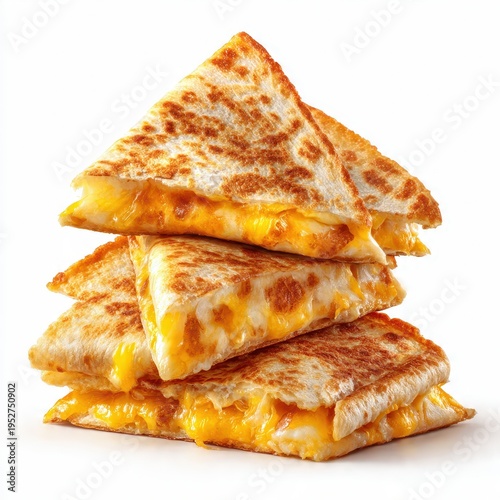 Stack of toasted golden brown cheese quesadilla triangles on a white background