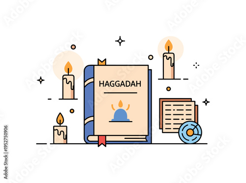 Family tradition illustration with a simplified Haggadah book and small candle and matzah icons arranged around it, symbolizing remembrance, ritual, and warmth