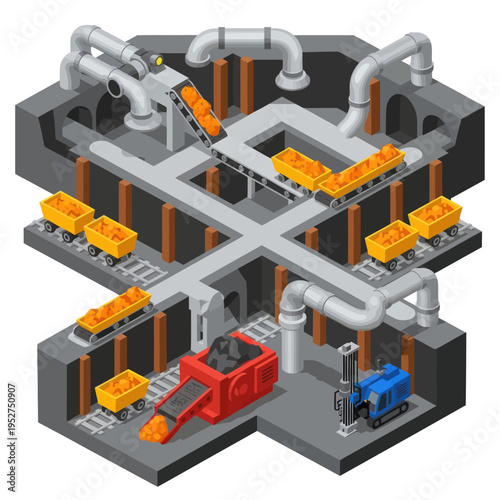 Isometric Industrial Factory Conveyor System with Machinery and Transport.