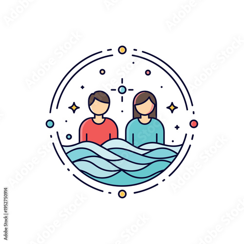 River baptism sacred ritual badge showing two simplified figures in stylized waves framed by a subtle circular emblem shape. The compact editorial design