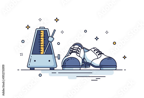 Rhythm practice session centered on a pair of tap shoes positioned beside a simple metronome icon, symbolizing structured timing drills and musical