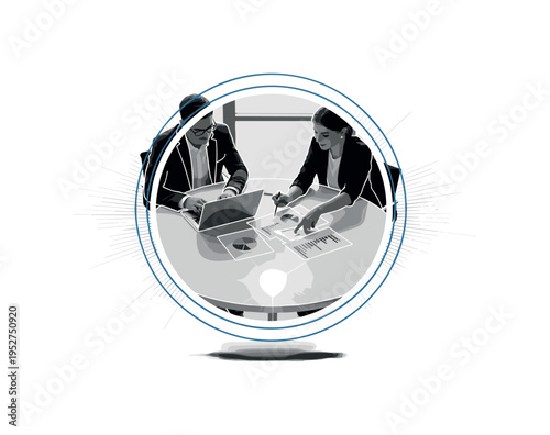 Monochrome employee collaborating at a round meeting table with laptop and charts, layered with blue circular frame and fine diagonal lines suggesting teamwork
