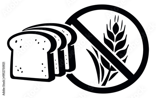 Hand drawn line art food symbol set featuring slices of bread and a no gluten sign for dietary restrictions and healthy eating
