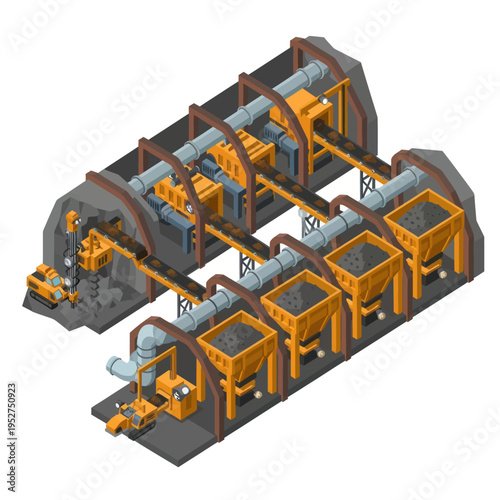 Isometric Coal Processing Plant Illustration with Conveyor Belts and Hoppers.