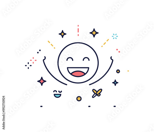 Joyful celebration concept centered on a smiling face with raised arms and small confetti star accents around, symbolizing pure happiness and emotional uplift.