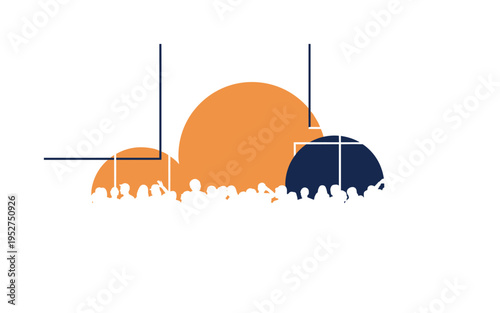 A monochrome crowd scene simplified into bold graphic silhouettes, oversized circular forms positioned like rising suns behind them, structured linear elements