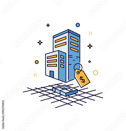 Virtual real estate marketplace showcasing a stylized digital building hovering above a minimal grid landscape with a small price tag icon, symbolizing