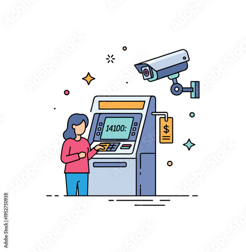 ATM machine depicting a customer checking account balance on a small screen while standing nearby a security camera, emphasizing safety and convenience.