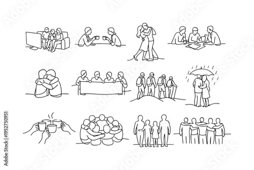 Shared Moments Set. Minimalistic set one-line drawing family movie night, friends sharing coffee, couple dancing together, team brainstorming session, siblings