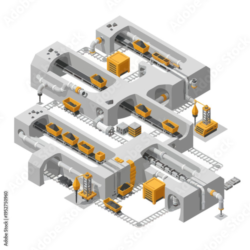 Isometric Factory Automation System with Conveyor Belts and Robots.
