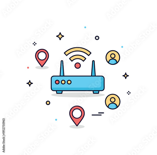 Public WiFi hotspot concept illustrated with a central router icon surrounded by small location pin and user symbols, conveying shared access, urban