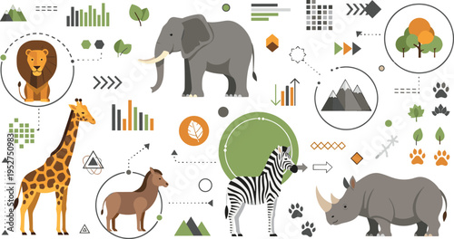 Wildlife Infographic Set Featuring Elephant Giraffe Zebra Rhino Lion and Antelope with Charts Maps and Data Visualization Elements Vector Illustration.