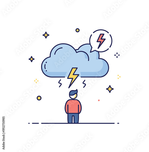 Stormy mood concept featuring a solitary figure under a large cloud with a faint lightning bolt icon, expressing stress and overwhelming thoughts through a
