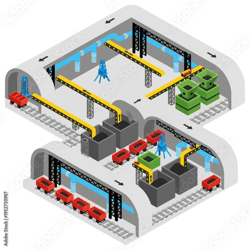 Isometric Mining Operation with Conveyor Belts and Ore Cars.