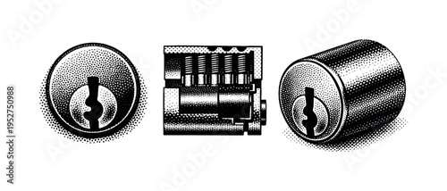 Cylinder door lock core shown as a single object in front view, side section view, and perspective view highlighting keyway shape and cylindrical form. Black