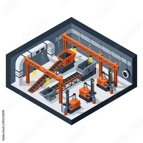 Isometric Mining Operation with Conveyor Belts and Machinery.